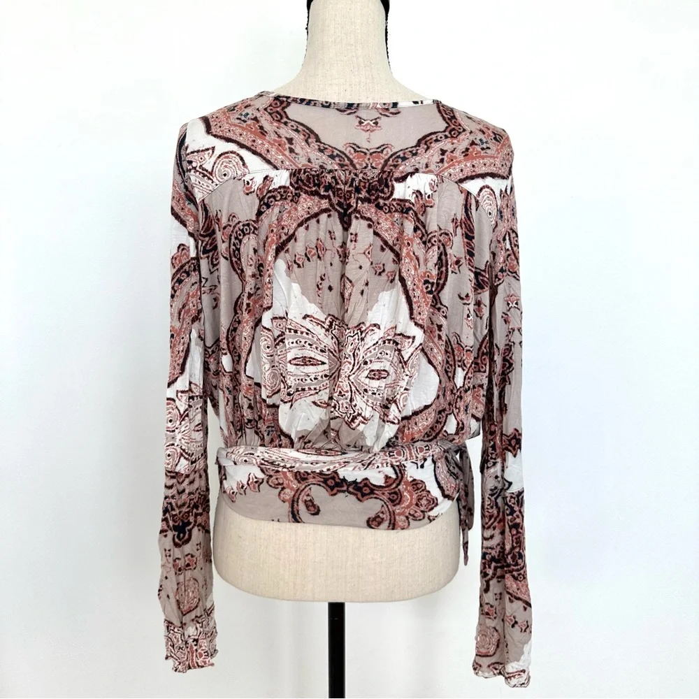 Free People Fiona Paisley Faux Wrap Top Boho Bell Sleeve Surplice Blouse Size M